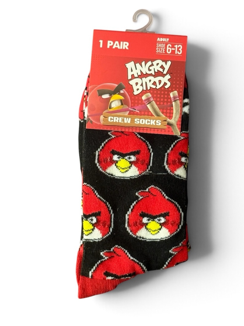 Angry Birds Crew Socks Red Bird Print Black Adult 6–13 Crazy Universe NWT